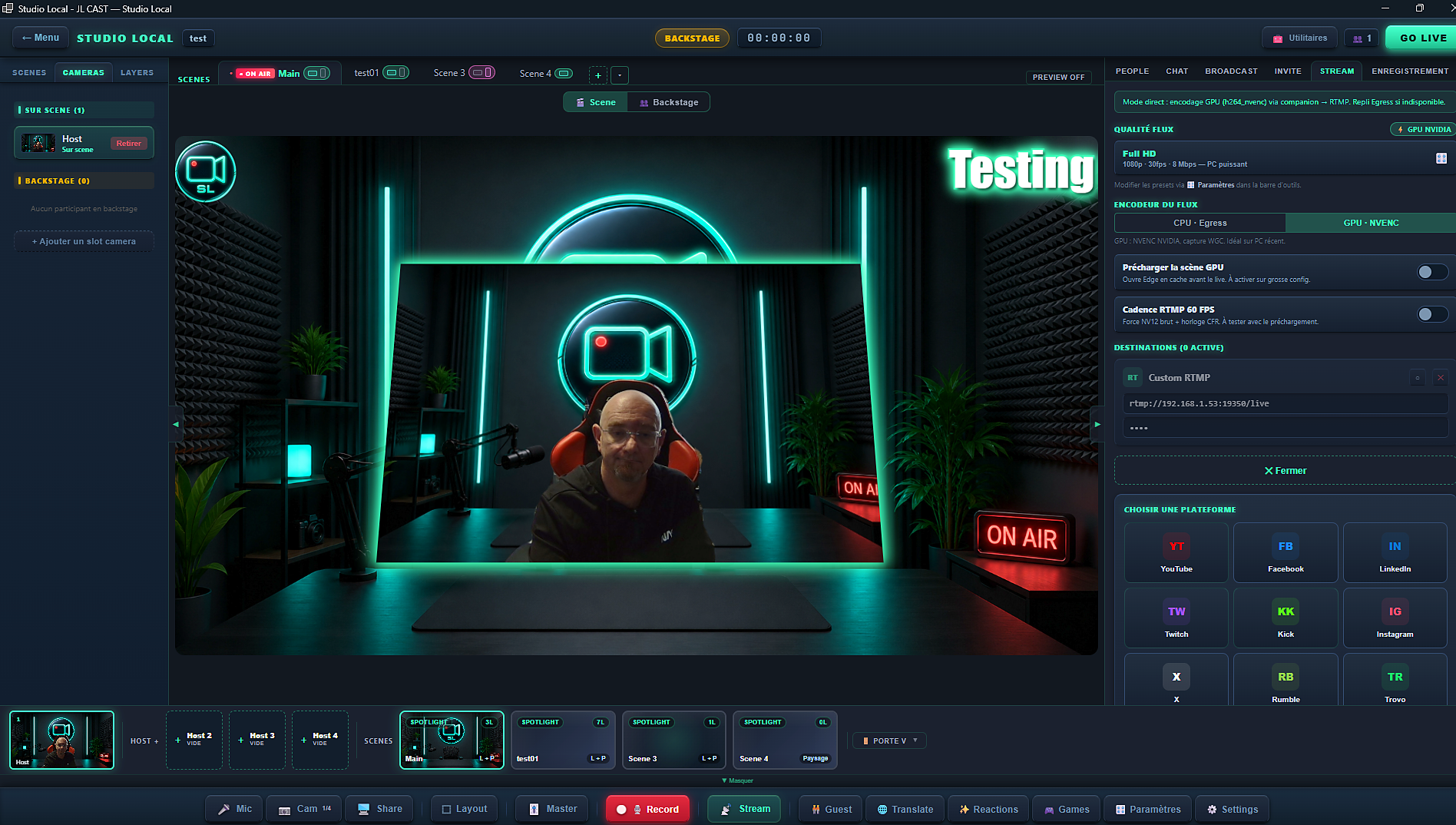 Panneau Stream : choix de l'encodeur CPU ou GPU et preset de qualite