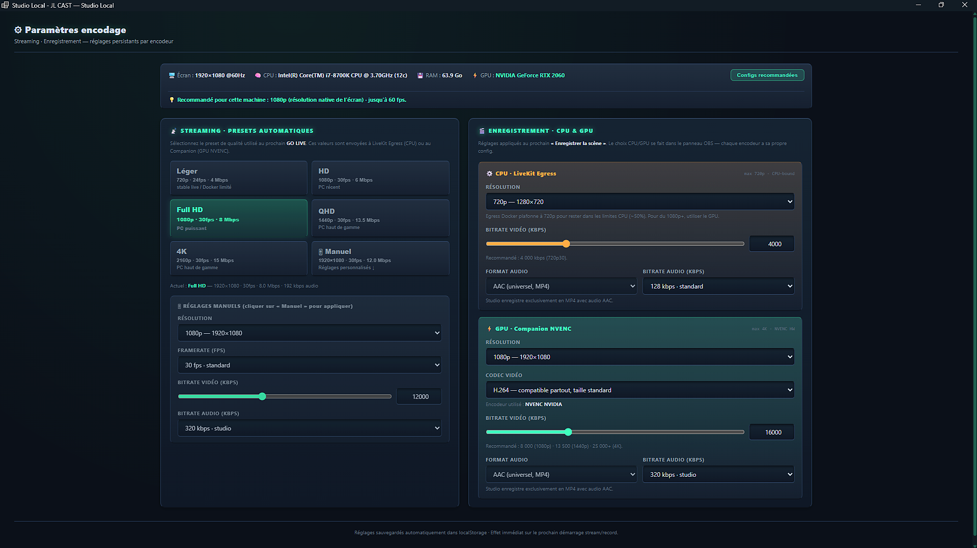 Fenetre Parametres encodage : presets de qualite et reglages CPU et GPU