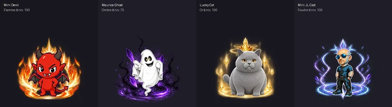 Quatre compagnons Studio Local avec quatre auras elementaires differentes : flamme, ombre, or et foudre