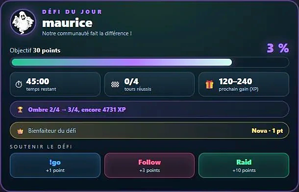 Animation du defi communautaire : la jauge se remplit au rythme des participations du chat, le tirage d'experience defile puis s'immobilise, et le recapitulatif nomme les spectateurs les plus actifs