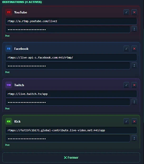 Quatre destinations actives simultanément : YouTube, Facebook, Twitch et Kick, chacune avec son URL RTMP et sa clé masquée