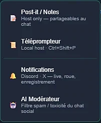 Menu Utilitaires : Post-it / Notes, Téléprompteur, Notifications et AI Modérateur