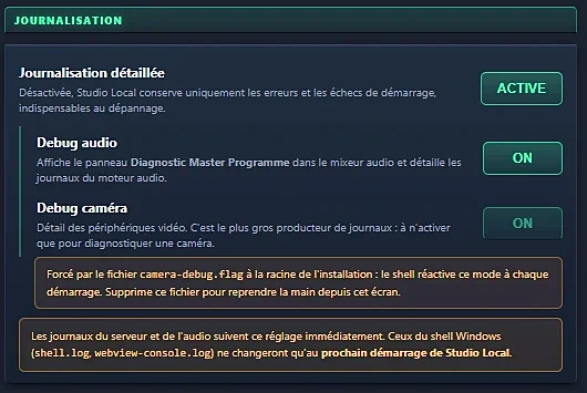 Journalisation activée, avec le chemin du dossier de journaux