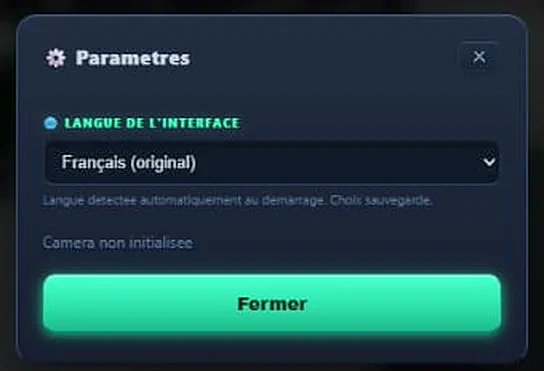 Fenêtre Paramètres côté invité avec le sélecteur Langue de l’interface