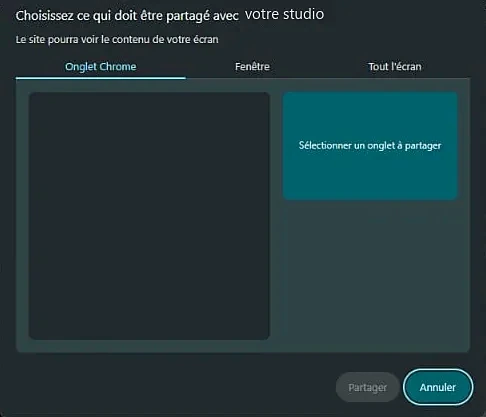 Sélecteur de partage du navigateur côté invité, avec les onglets Onglet Chrome, Fenêtre et Tout l’écran
