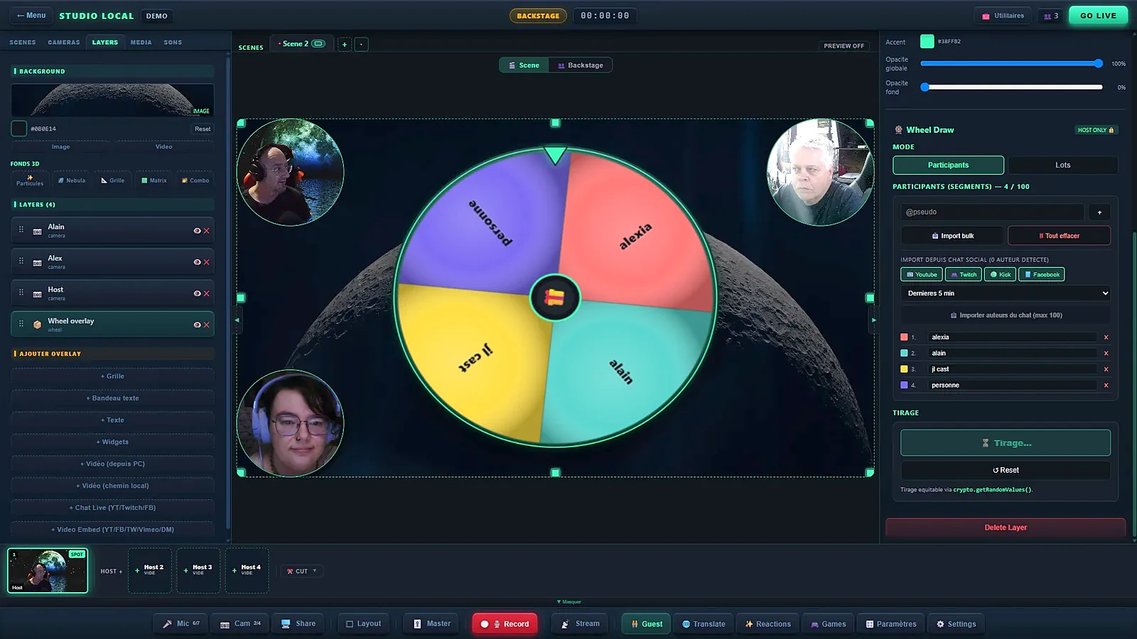 La roue a l’antenne cote regie, avec le panneau de tirage : mode Participants ou Lots, liste des segments et import des auteurs du chat social