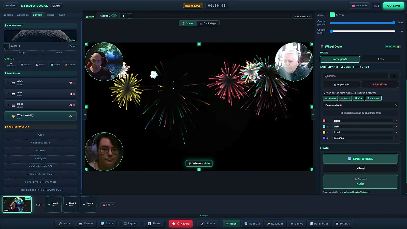 Roue de la fortune : feux d’artifice a l’annonce du gagnant, avec le panneau de tirage qui affiche le nom tire