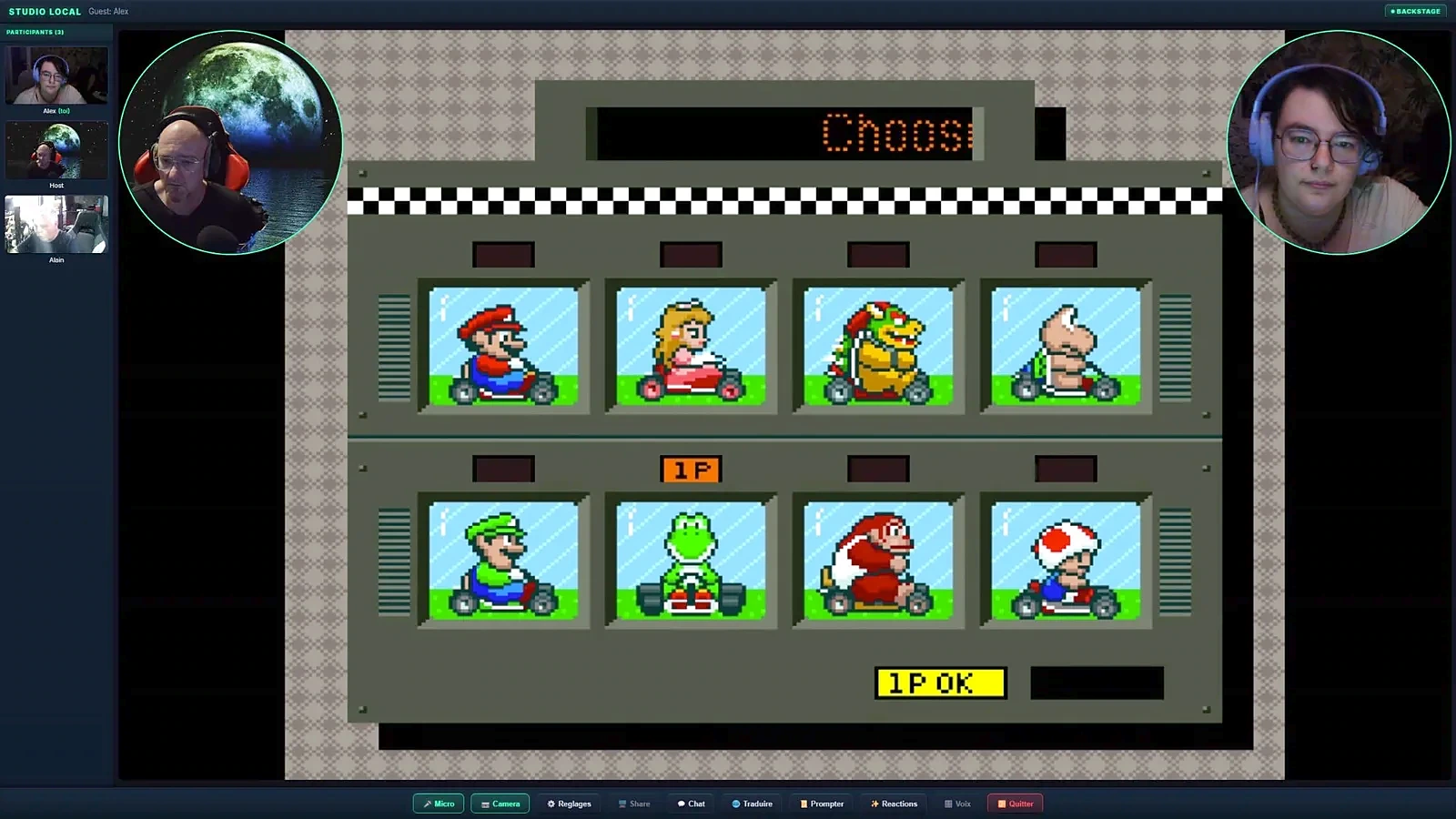 Ecran de selection des personnages du jeu retro, vu par un invite : le jeu s’affiche en scene et il choisit son personnage depuis son navigateur