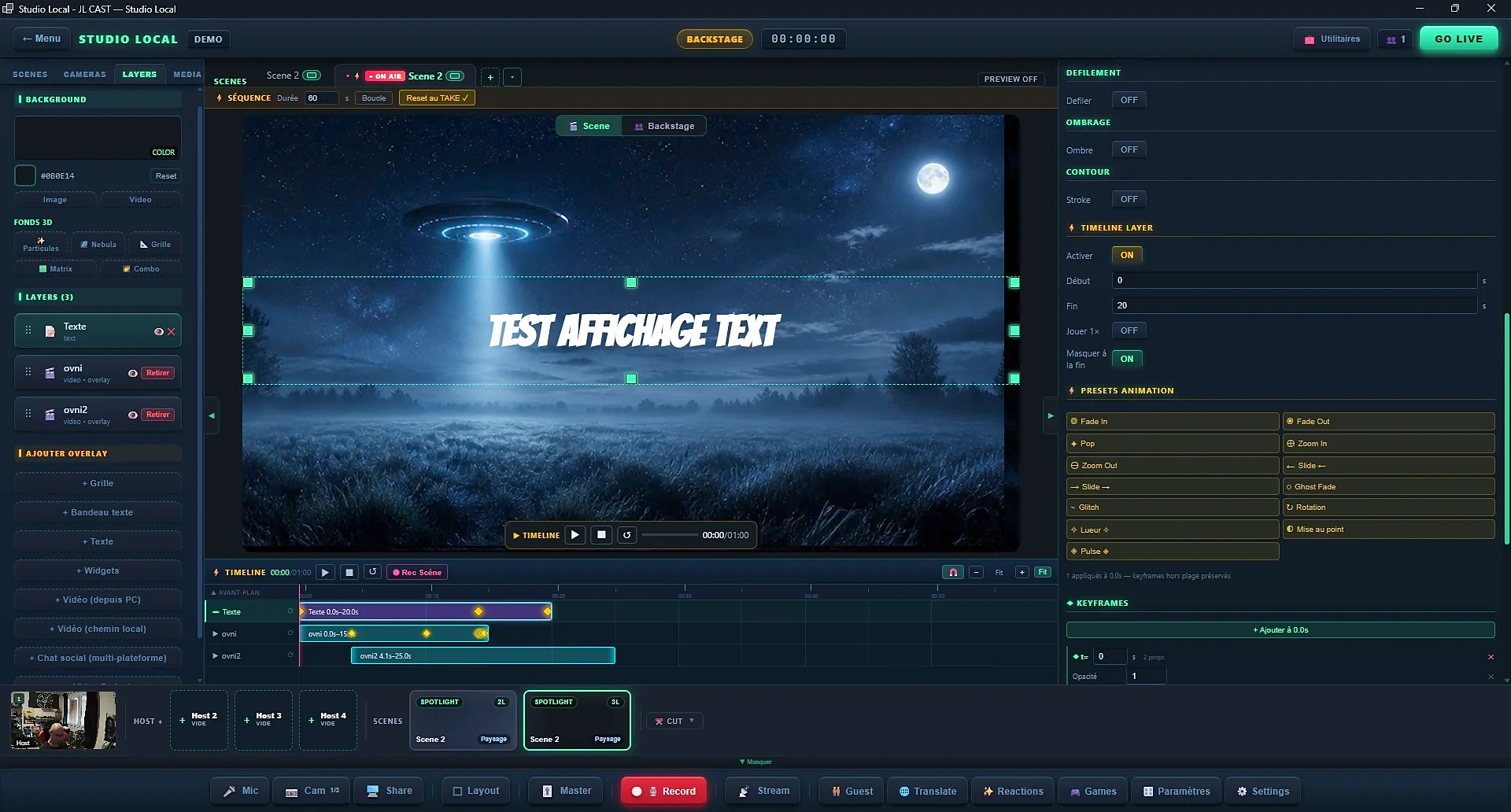Le studio en mode séquence : la barre de réglages, la scène composée, les pistes de la timeline et le panneau des keyframes