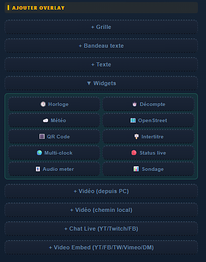 Liste des widgets disponibles
