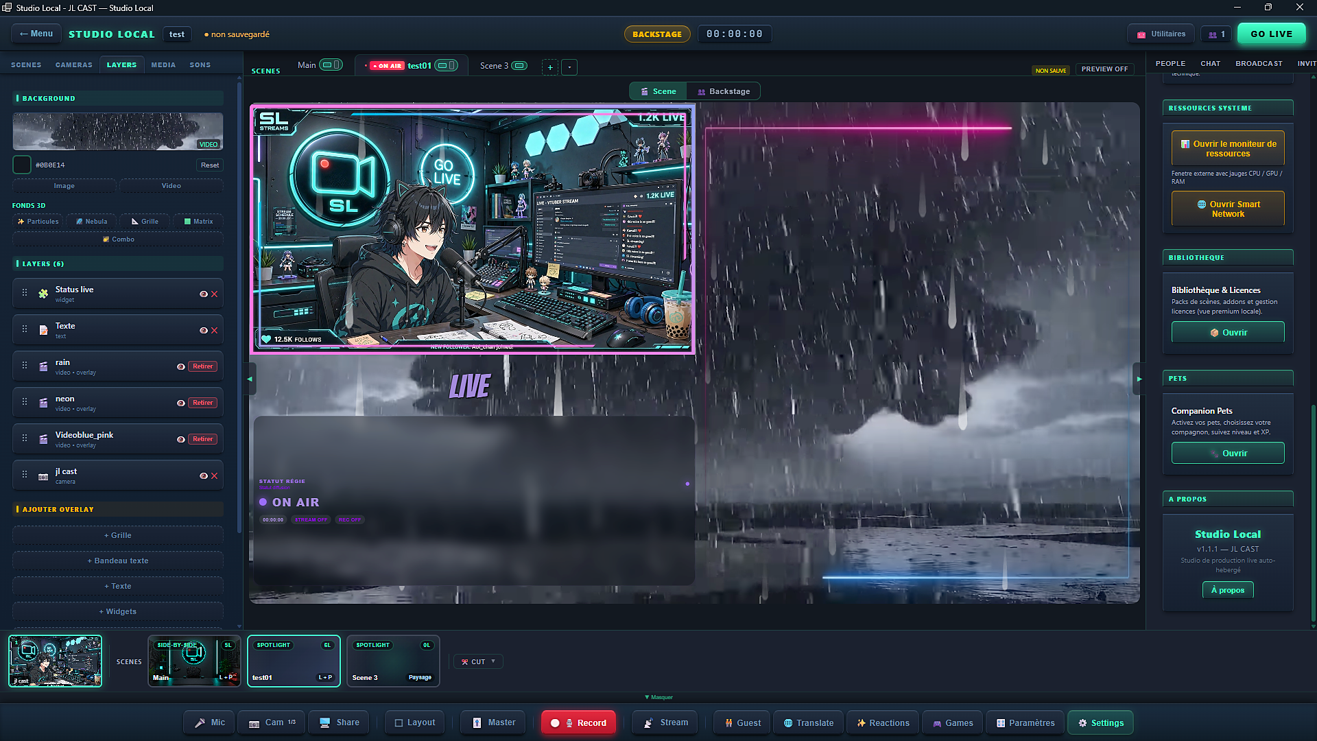 Interface de la régie Studio Local avec une scène composée