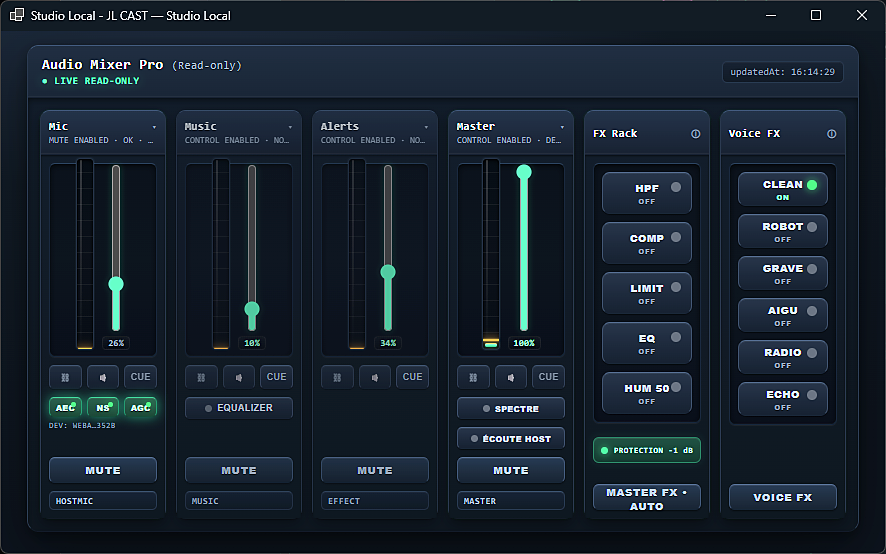 Audio Mixer Pro avec écoute Host et bouton Spectre