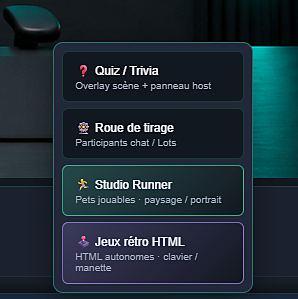 Menu Games déroulé : Quiz/Trivia, Roue de tirage, Studio Runner, Jeux rétro HTML