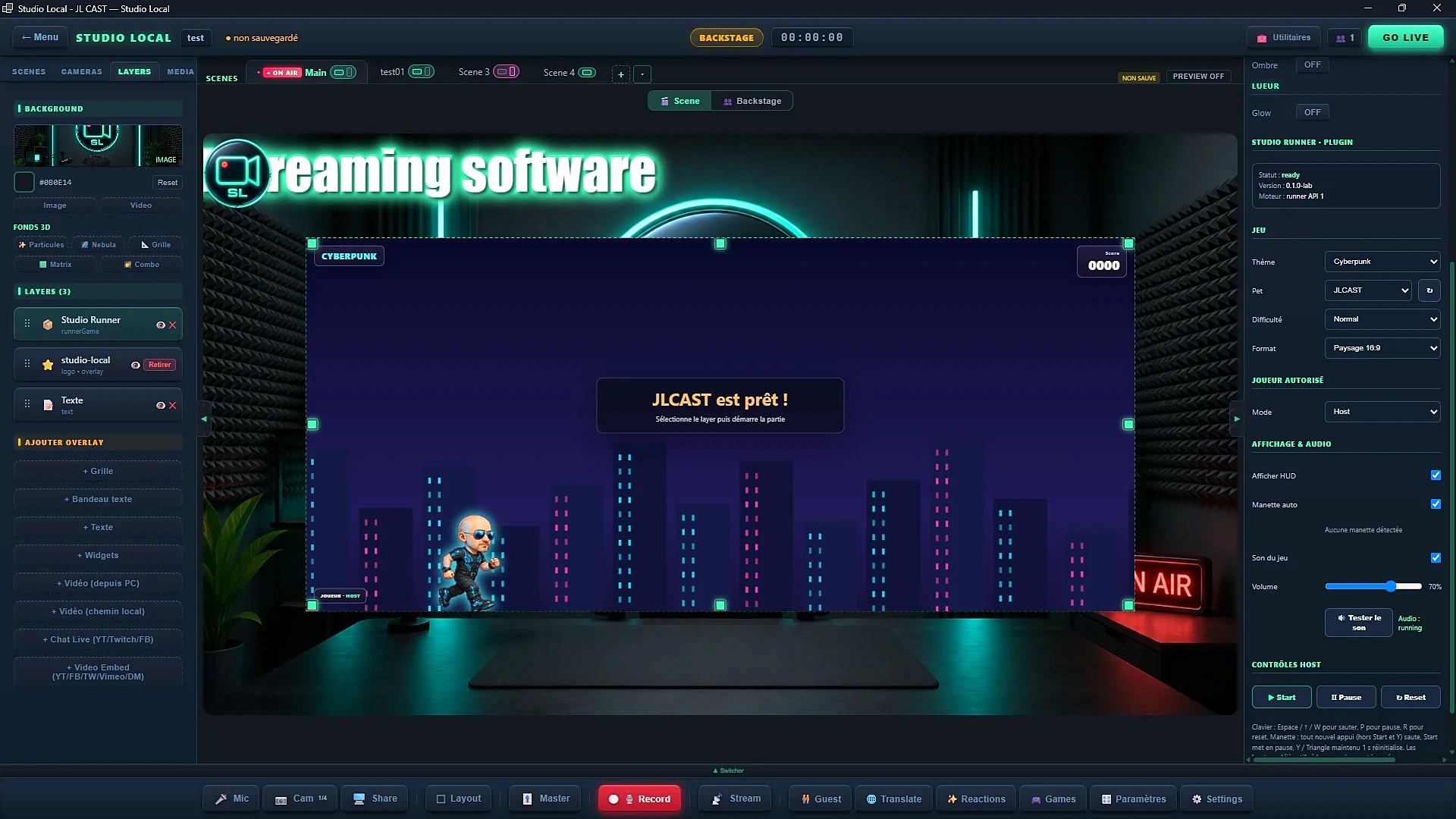 Studio Runner avec le thème Cyberpunk, un autre pet, et le test audio en cours (Audio : running)