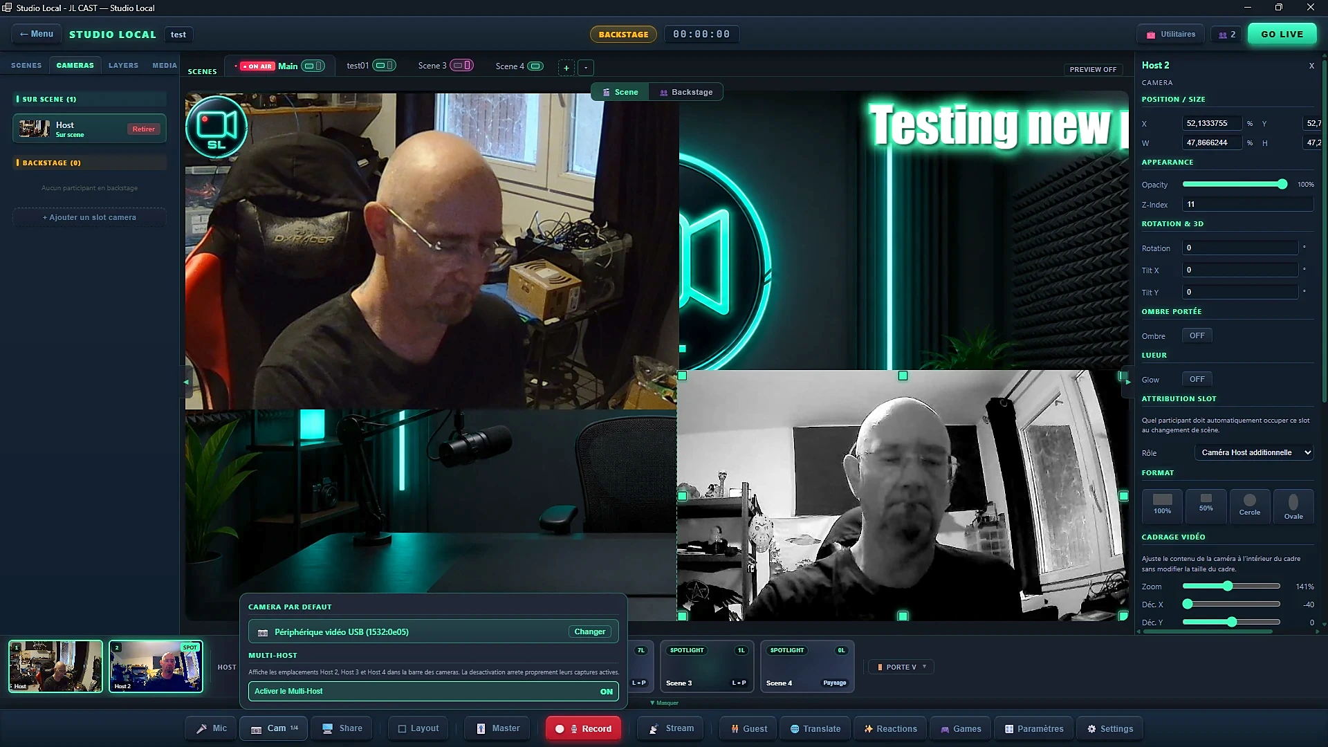 Panneau Cam : caméra par défaut, et section Multi-Host avec l'interrupteur sur ON