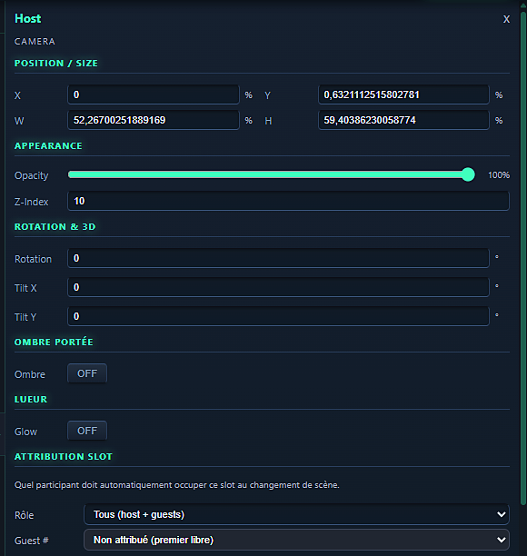 Haut des propriétés d'un layer caméra : position, opacité, z-index, rotation, ombre, lueur et attribution de slot