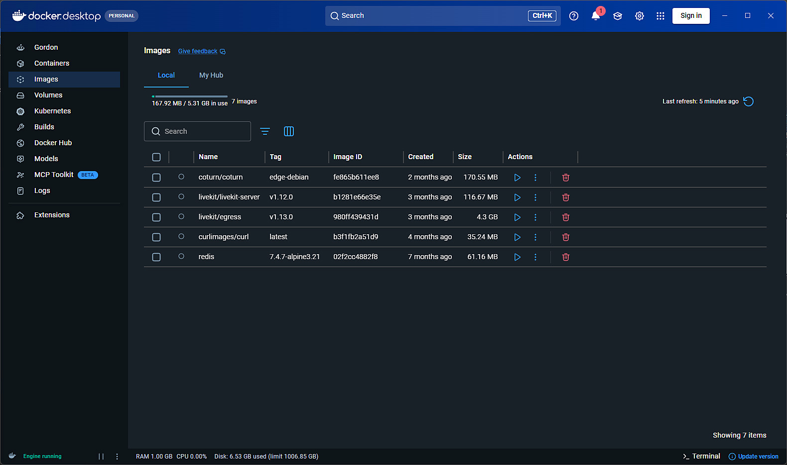 Docker Desktop, onglet Images, avec les conteneurs de Studio Local