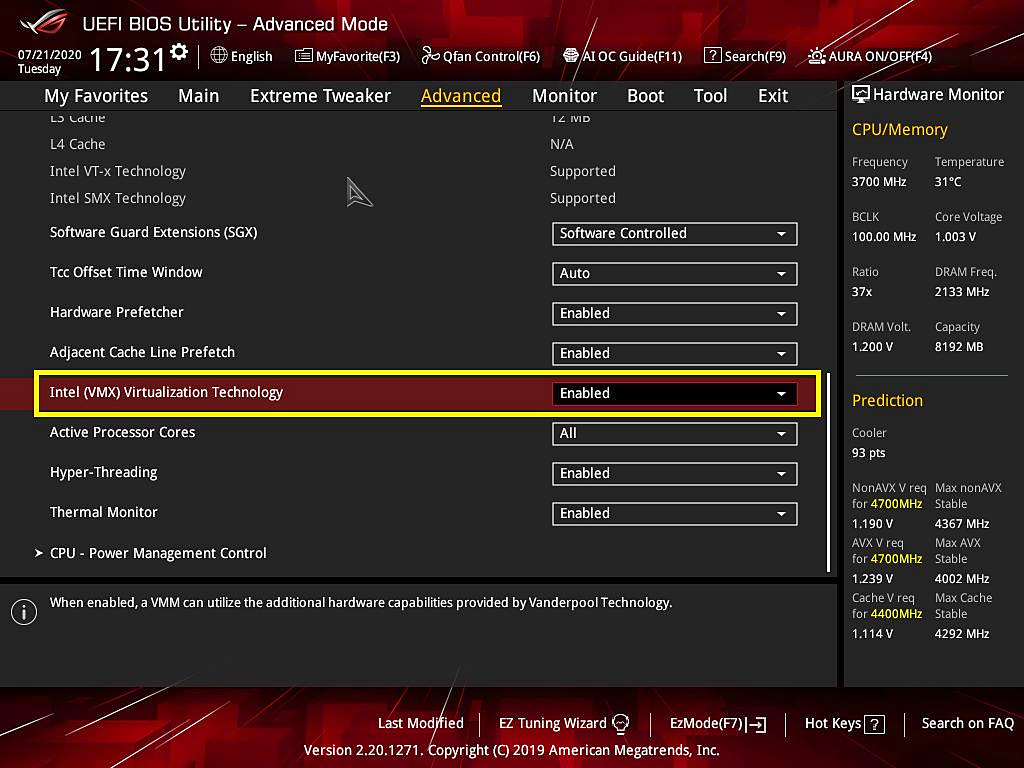 BIOS UEFI ASUS en mode avancé : l’option Intel (VMX) Virtualization Technology est réglée sur Enabled dans l’onglet Advanced