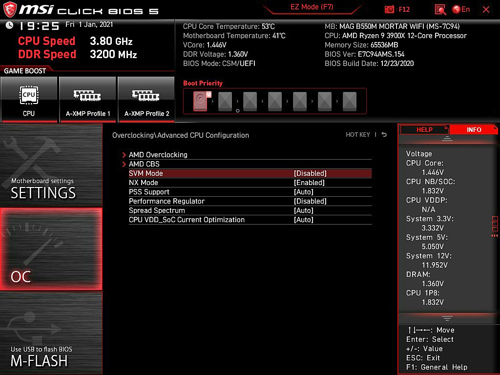 BIOS MSI Click BIOS 5 : l’option SVM Mode est sur Disabled dans le menu Overclocking, Advanced CPU Configuration