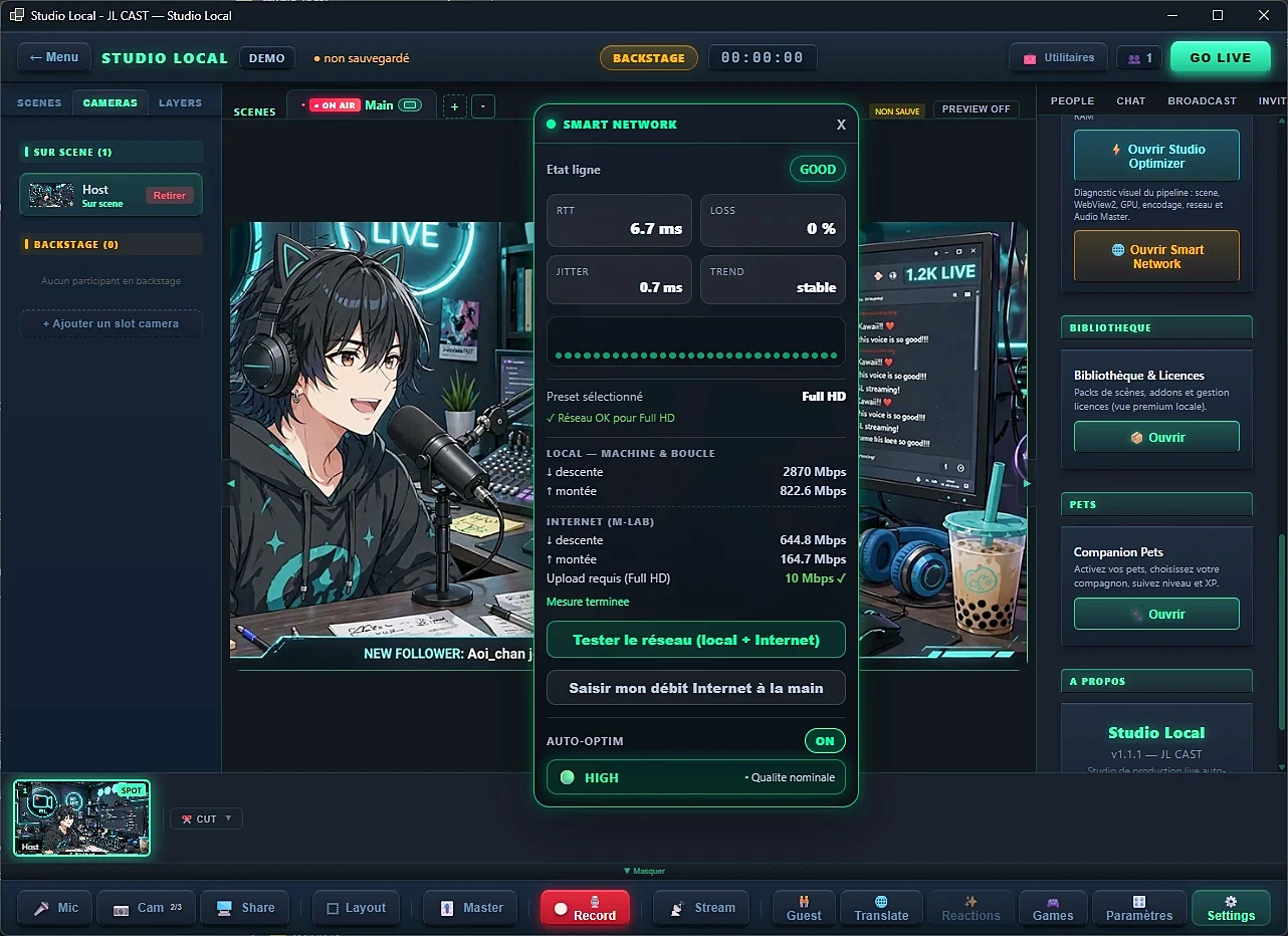 Fenêtre Smart Network : état de ligne, RTT, gigue, pertes et auto-optimisation