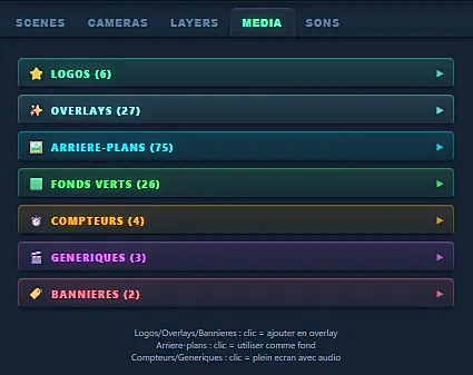 Onglet MEDIA : logos, overlays, arrière-plans, fonds verts, compteurs, génériques et bannières, avec le nombre d’éléments de chaque catégorie