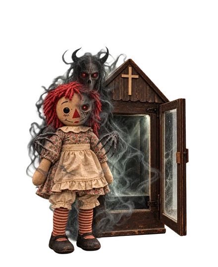 Annabelle Horror, une poupée de chiffon aux cheveux rouges devant sa vitrine, une silhouette démoniaque dans son dos