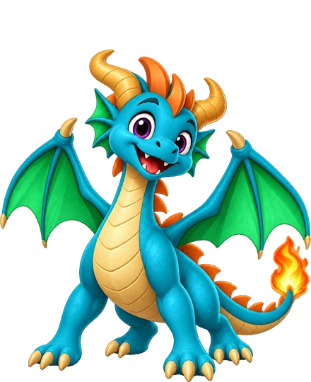 Drayo, un petit dragon bleu aux ailes vertes et à la queue enflammée
