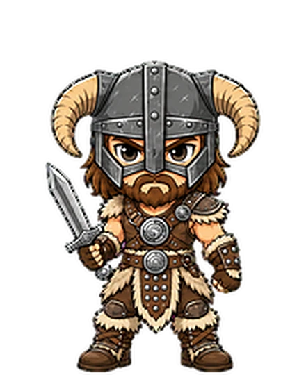 Raggnar, un viking casqué à cornes, bouclier et épée